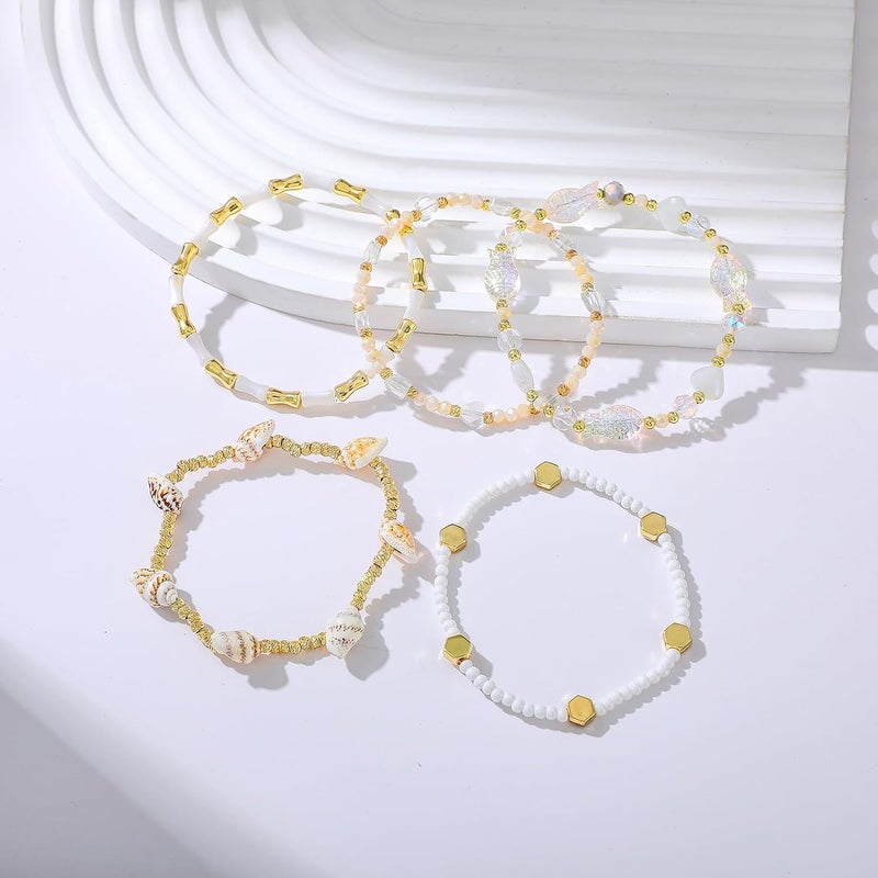 Pymach Store Dainty Gold Plated Pearl Crystal Beaded Bracelets Set for Women 14K Gold Plated Bead Pearl Beads Bracelet Stackable Paperclip Link Chain Bracelets Gold Plated Bracelets for Women Trendy Jewelry - Image 5